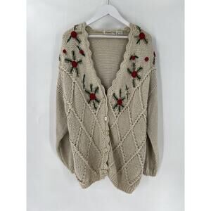 Diamond Hill Vintage Cardigan Sweater Womens 22 Beige Rose Embroidered V Neck